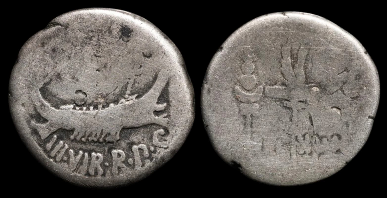 Marco Antônio - Denário - oficina militar móvel - 32-31 a.C