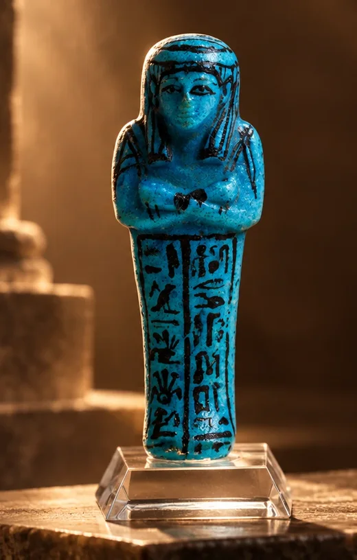 Ushabti egípcio de faiança azul com hieróglifos, sobre base de acrílico